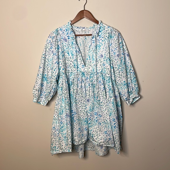 Zara Blue Floral Printed Poplin Babydoll Mini Dress - Picture 7 of 15